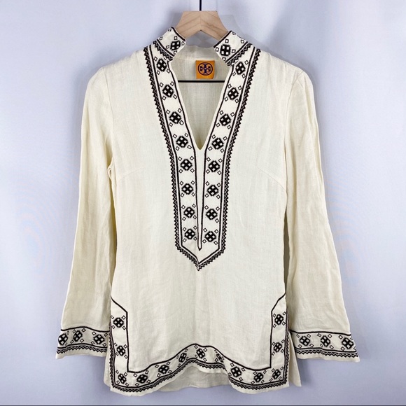 Tory Burch Tops - Tory Burch Embroidered Linen Tunic Cream Small